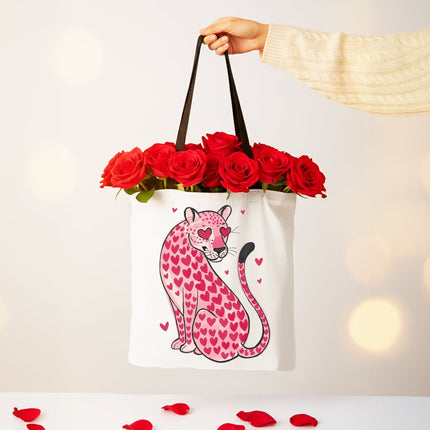 Pink Leopard Valentine Canvas Tote Bag, Cute Hearts Reusable Urban Bag - Dashing Nova