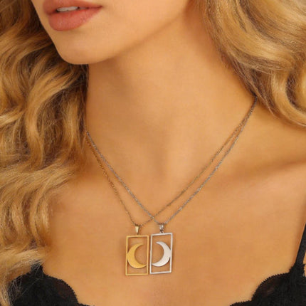 18K Gold Plated Sun Moon Hollow Geometric Square Pendant Stainless Steel Necklace