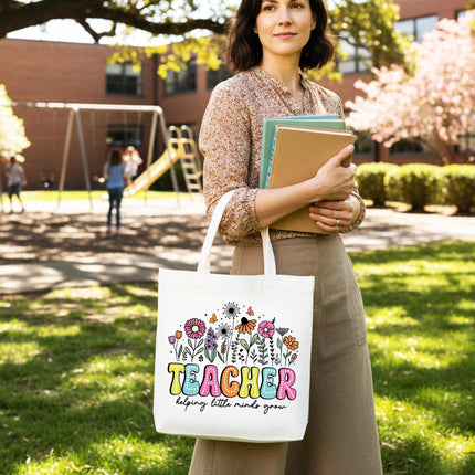 Helping Little Minds Grow Teacher Tote Bag, Floral Appreciation Gift Shopper - Dashing Nova