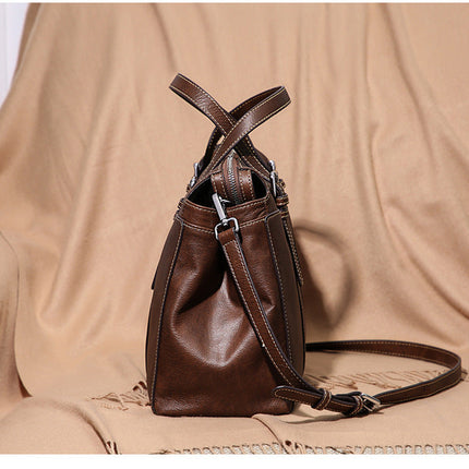 Genuine leather tote bag for women retro one-shoulder portable big purse