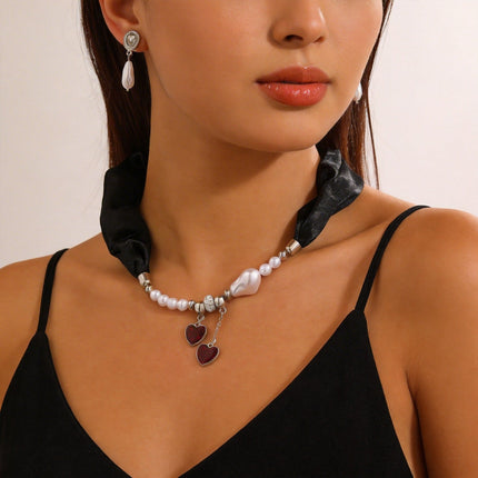 Black Ribbon Necklace Irregular Baroque Pearl Tassel Heart Pendant Choker Set