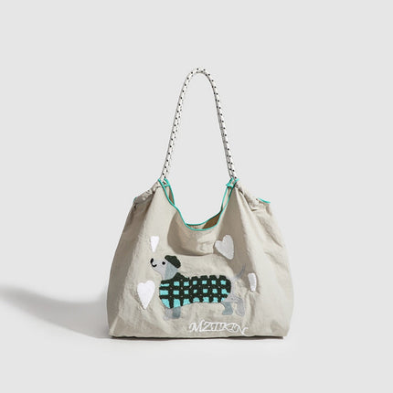 Large Capacity hobo bag with Embroidered Dog pattern, Shoulder bag Nylon, Shoulder shoulder Bag, Commuter hobo Bag Female