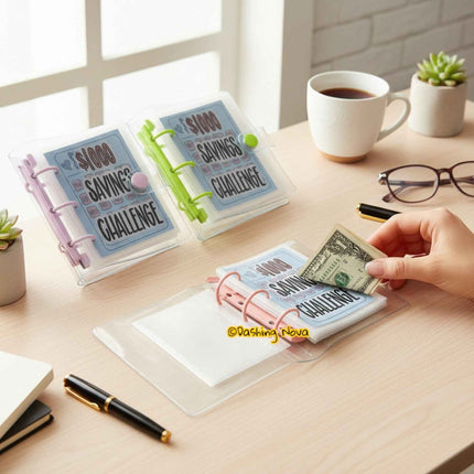 Clear Cover 1000 Dollar Savings Challenge Book 3-Ring PVC Money Saving Binder Personal Finance Budgeting Organizer