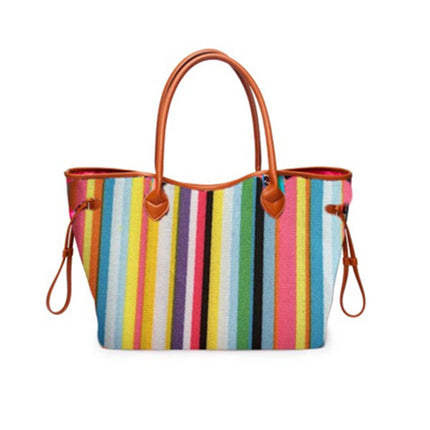 Women’s Rainbow Striped Tote – Multicolor Handbag, Shoulder Beach Shopper