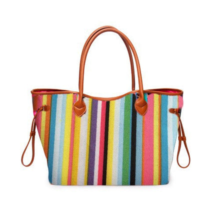 Women’s Rainbow Striped Tote – Multicolor Handbag, Shoulder Beach Shopper