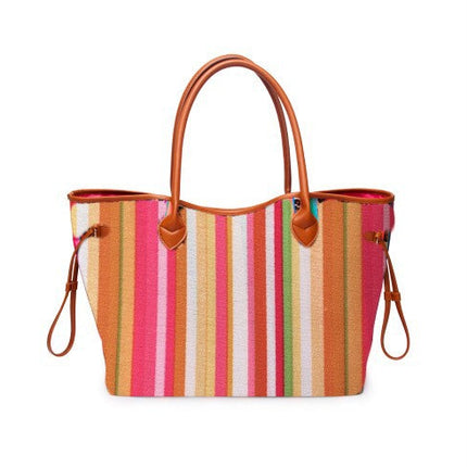 Women’s Rainbow Striped Tote – Multicolor Handbag, Shoulder Beach Shopper