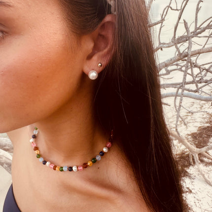 Raw Baltic Amber and Pearl Necklace + Sweet Pink Gemstones