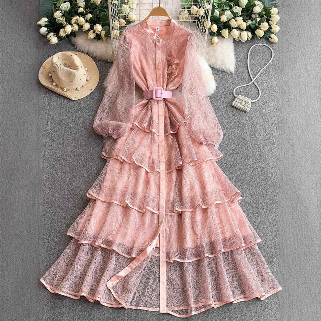 Lace Floral Mandarin Collar Long Sleeve Dress – Women's Early Fall Socialite Tie-Waist Slim-Fit Midi