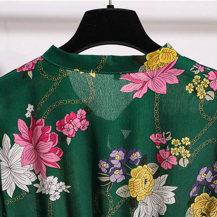 Long Sleeve Floral Print Chiffon Dress - Medium Lace Up Slim Fit Women's Dress