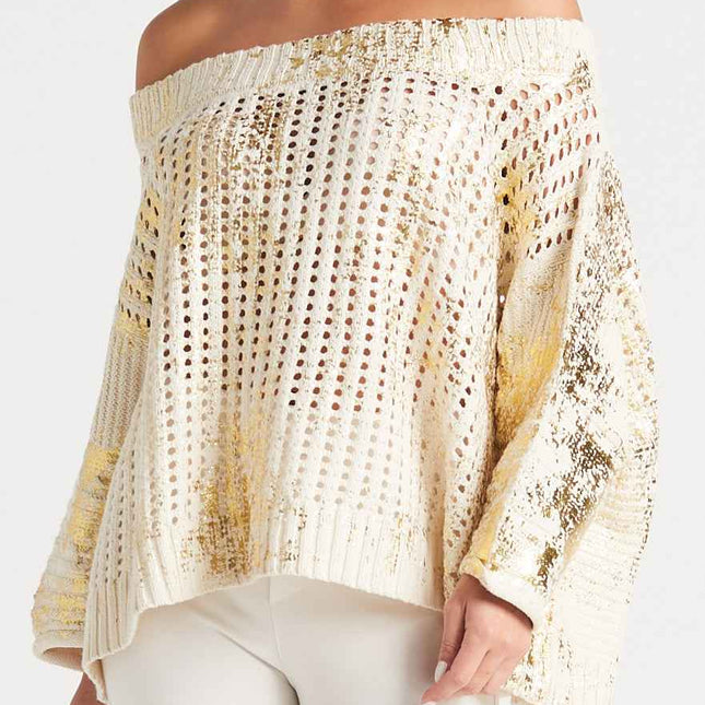 Cotton Metallic Crochet Boatneck Sweater - Stone/Gold