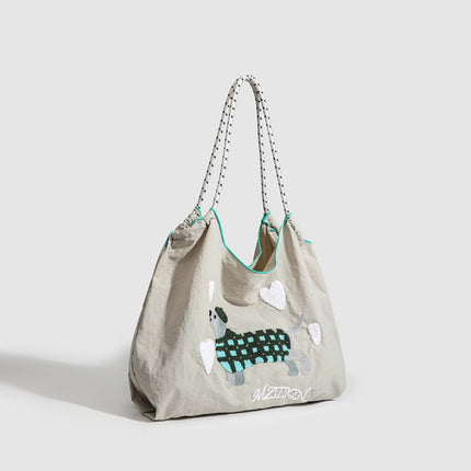 Large Capacity hobo bag with Embroidered Dog pattern, Shoulder bag Nylon, Shoulder shoulder Bag, Commuter hobo Bag Female