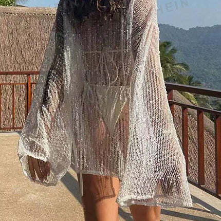 Women's Loose Drop Shoulder & Bell Sleeve Beach Cover Up For Casual Or Vacation Outfit