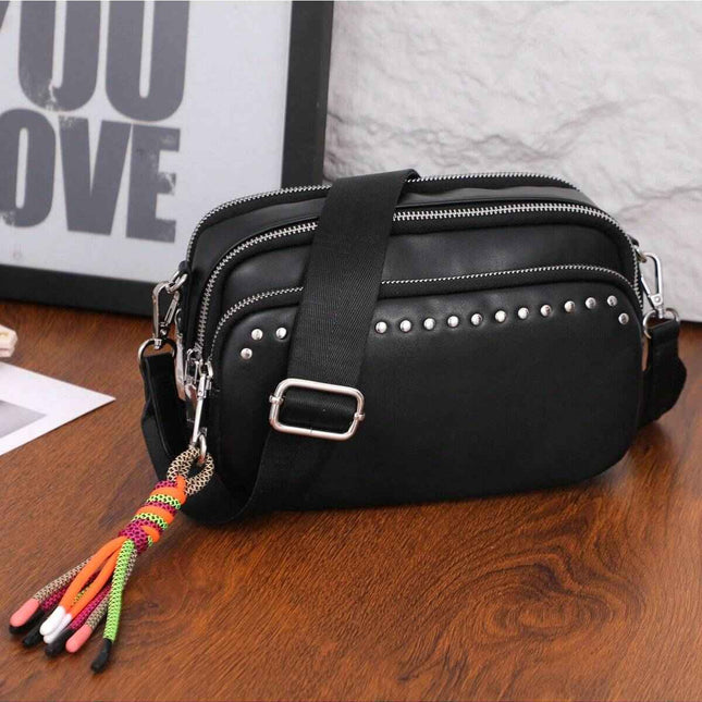 Women Small Crossbody Bag Beige With Multiple Pockets Trendy Tassel Compact Organized Square Purse Black With Wide Comfortable Nylon Guitar Strap