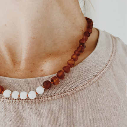 Raw Cognac Baltic Amber + Moonstone || Necklace