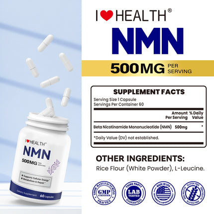 NMN 500mg – 99.9% Pure NMN Supplement, Boost NAD+ Levels, Cellular Energy & Healthy Aging Support, 60 Capsules, Third-Party Tested, NSF cGMP, Made in USA
