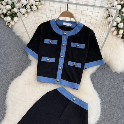 Fashion Two-Piece Set – Elegant Crewneck Single-Breasted Denim Contrast Crop Top + Skirt Suit