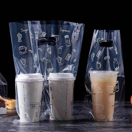 100-Pack Drink Carrier Bags – Clear Plastic 2-Cup Bag with Handle