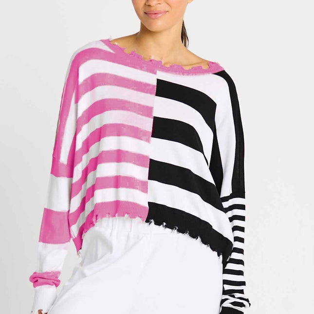 Pima Cotton Mini Mixed Up Tattered Crewneck Sweater - Black/Peony/White