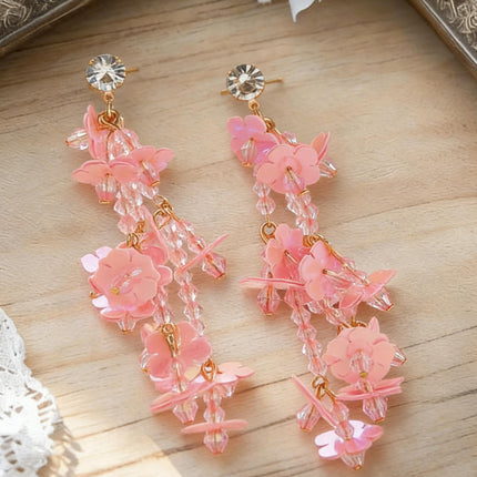 Vacation Pink Rice Bead Flower Luxury Tassel Earrings Boho Sweet Girl Earrings