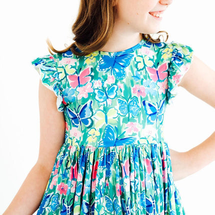 Watercolor Butterflies Flutter Sleeve Twirl Dress