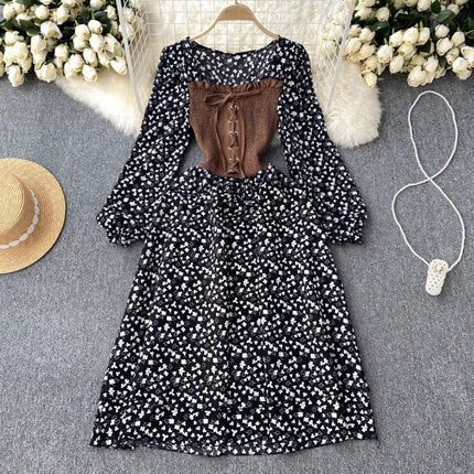 Trendy Dress with Tie Belt – French Contrast Floral Print, Two-Piece Illusion Design, Sweet Long Sleeve Frock
