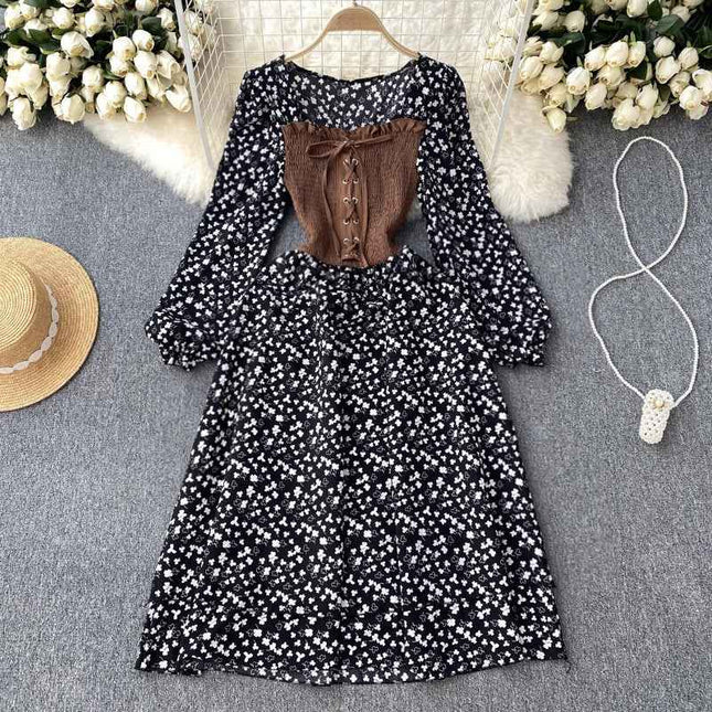 Trendy Dress with Tie Belt – French Contrast Floral Print, Two-Piece Illusion Design, Sweet Long Sleeve Frock