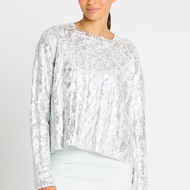 Pima Cotton Mini Foil Cable Crewneck Sweater - Mint/Silver