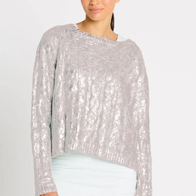 Pima Cotton Mini Foil Cable Crewneck Sweater - Putty/Silver