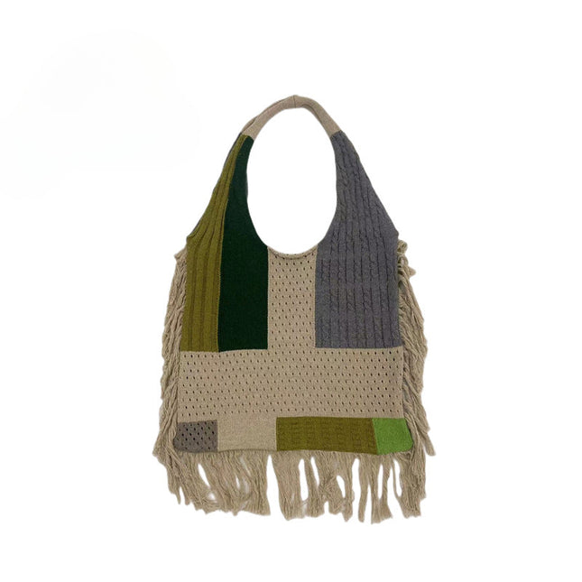 Tassel bag women, splicing knitted shoulder bag, simple and versatile retro knitted bag hobo - Dashing Nova