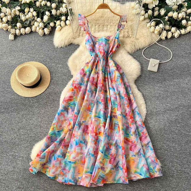Floral Print Dress – V-Neck Adjustable Strap Midi, Spring-Summer Beach Vacation Sundress