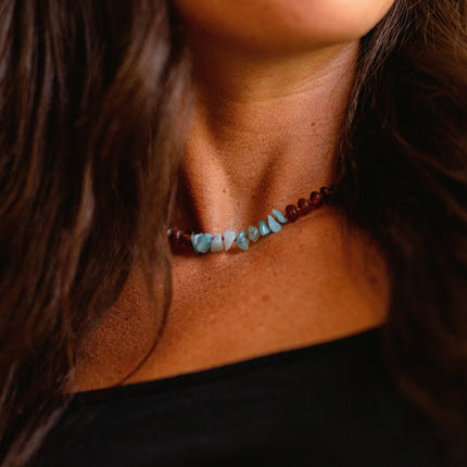 Raw Cognac Baltic Amber + Aquamarine || Necklace