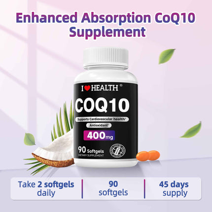CoQ10 400mg Softgels - 90 Count | Supports Heart Health, Energy & Cellular Function | Soy-Based CoQ10 Supplement by I Love Health | 45 Servings