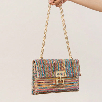 Bag ladies holiday shoulder bag, chain flip lock square purse, straw bag hobo shoulder bag women