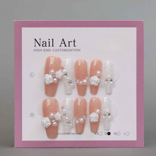3D White Rose Acrylic Nails handmade