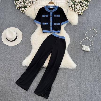 Fashion Two-Piece Set – Elegant Crewneck Single-Breasted Denim Contrast Crop Top + Skirt Suit