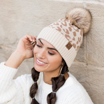 C.C® Natural Leopard Pom Beanie