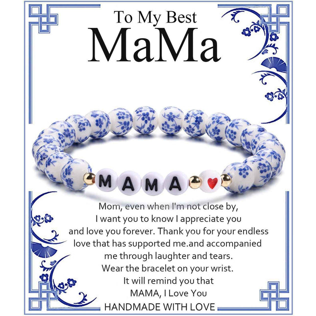 Blue and White Porcelain MAMA Beaded Bracelet