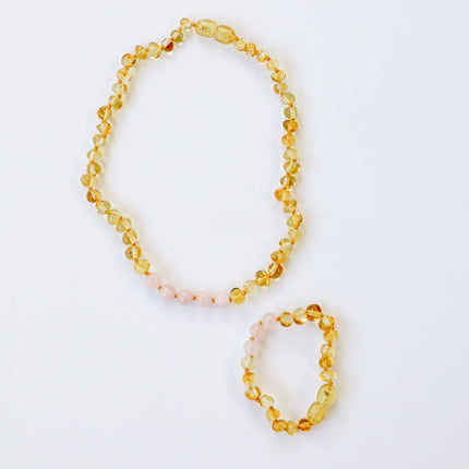 Polished Honey Baltic Amber + Rose Quartz || Necklace