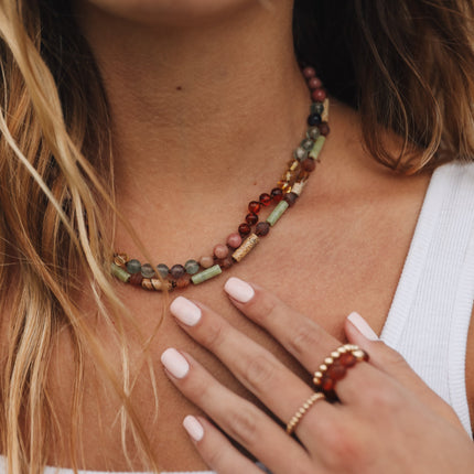 Raw Cognac Baltic Sea Amber + Green Jade + Striped Agate || Necklace
