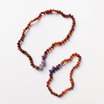 Raw Cognac Baltic Amber + Raw Amethyst || Necklace