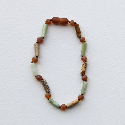 Raw Cognac Baltic Sea Amber + Green Jade + Striped Agate || Necklace