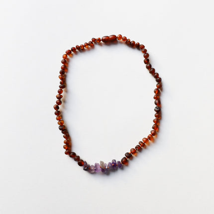 Raw Cognac Baltic Amber + Raw Amethyst || Necklace