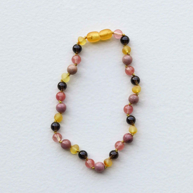 Raw Honey Baltic Sea Amber : Smokey Quartz + Rhodonite|| Anklet or Bracelet