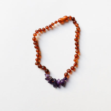 Raw Cognac Baltic Amber + Raw Amethyst || Necklace