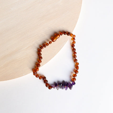 Raw Cognac Baltic Amber + Raw Amethyst || Necklace