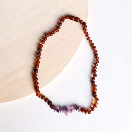 Raw Cognac Baltic Amber + Raw Amethyst || Necklace