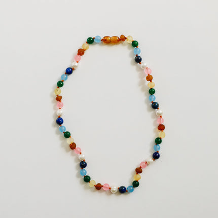 Raw Baltic Amber and Pearl Necklace + Sweet Pink Gemstones