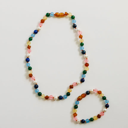 Raw Baltic Amber and Pearl Necklace + Sweet Pink Gemstones