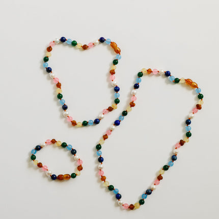 Raw Baltic Amber and Pearl Necklace + Sweet Pink Gemstones