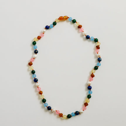 Raw Baltic Amber and Pearl Necklace + Sweet Pink Gemstones